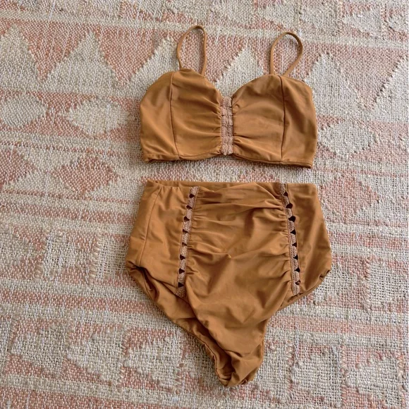 Posh Pua Leihiwa High Waisted Crochet Bikini Set in Ochre Tan Brown - Picture 2 of 11